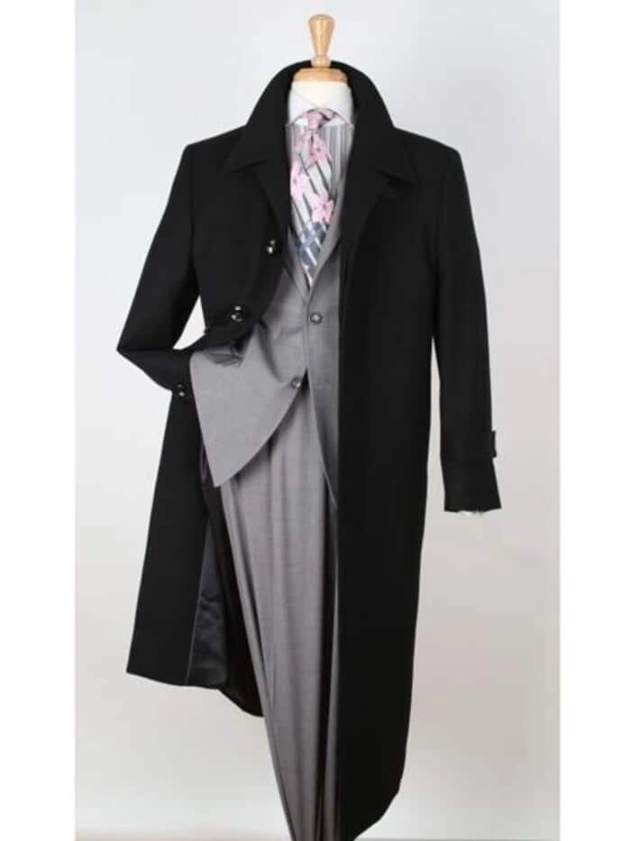 Abrigo superior gabardina lana negra solapas anchas: Elegancia atemporal para el caballero sofisticado.